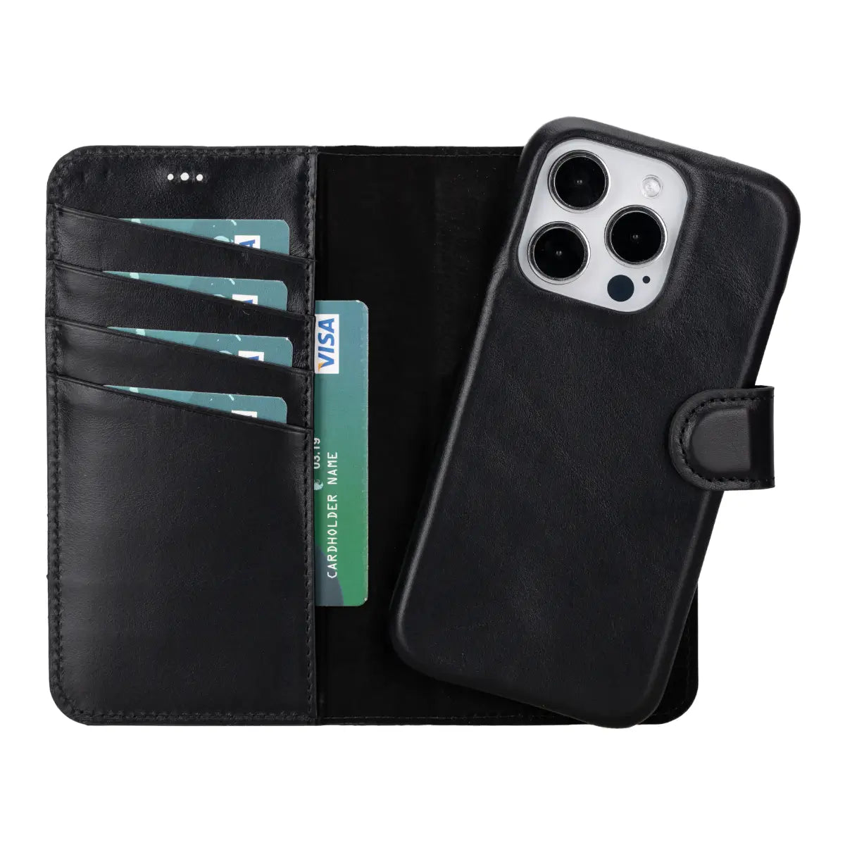 Black Leather iPhone 16 Pro Prestige Wallet Case