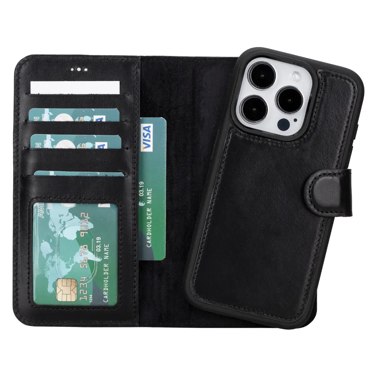 Black Leather Wallet Case for iPhone 15 Pro