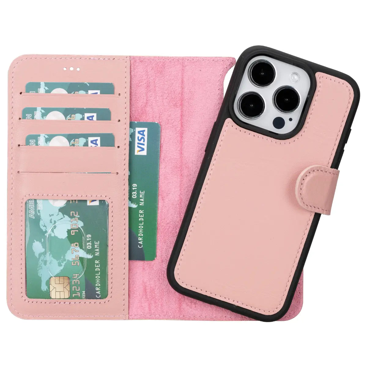 Pink Leather Wallet Case for iPhone 15 Pro