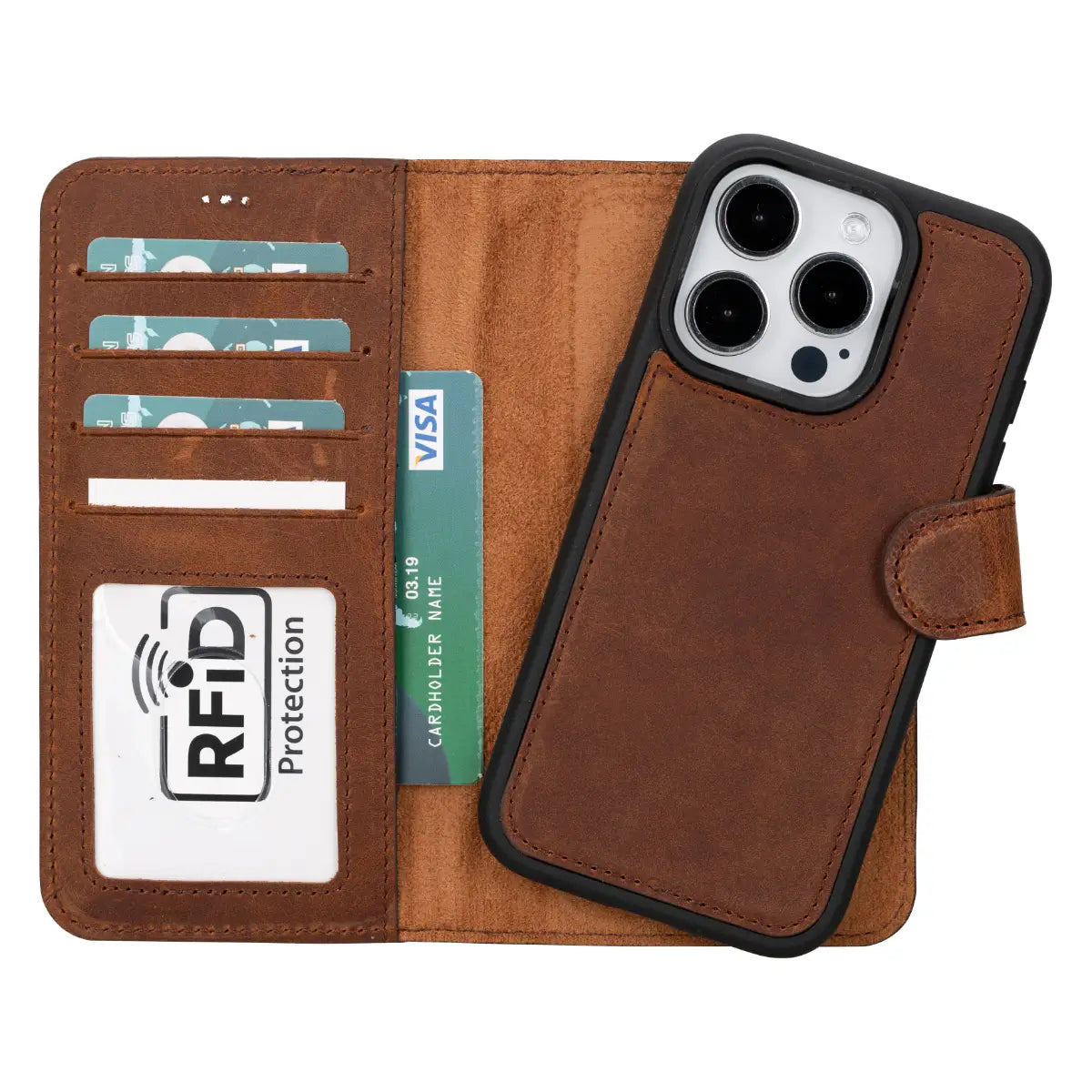 Antic Brown Leather Wallet Case for iPhone 15 Pro