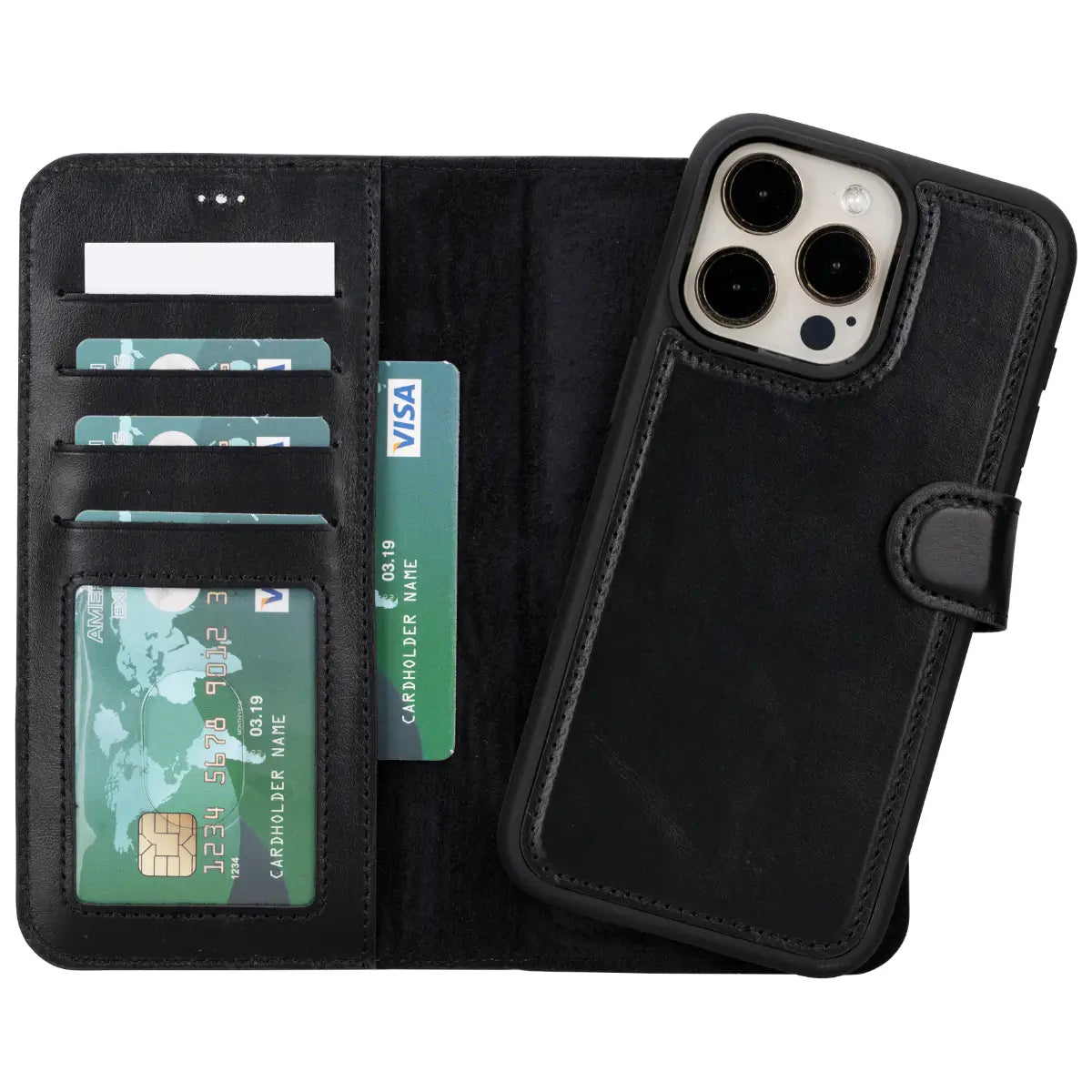 Black Leather iPhone 16 Pro Max Wallet Case