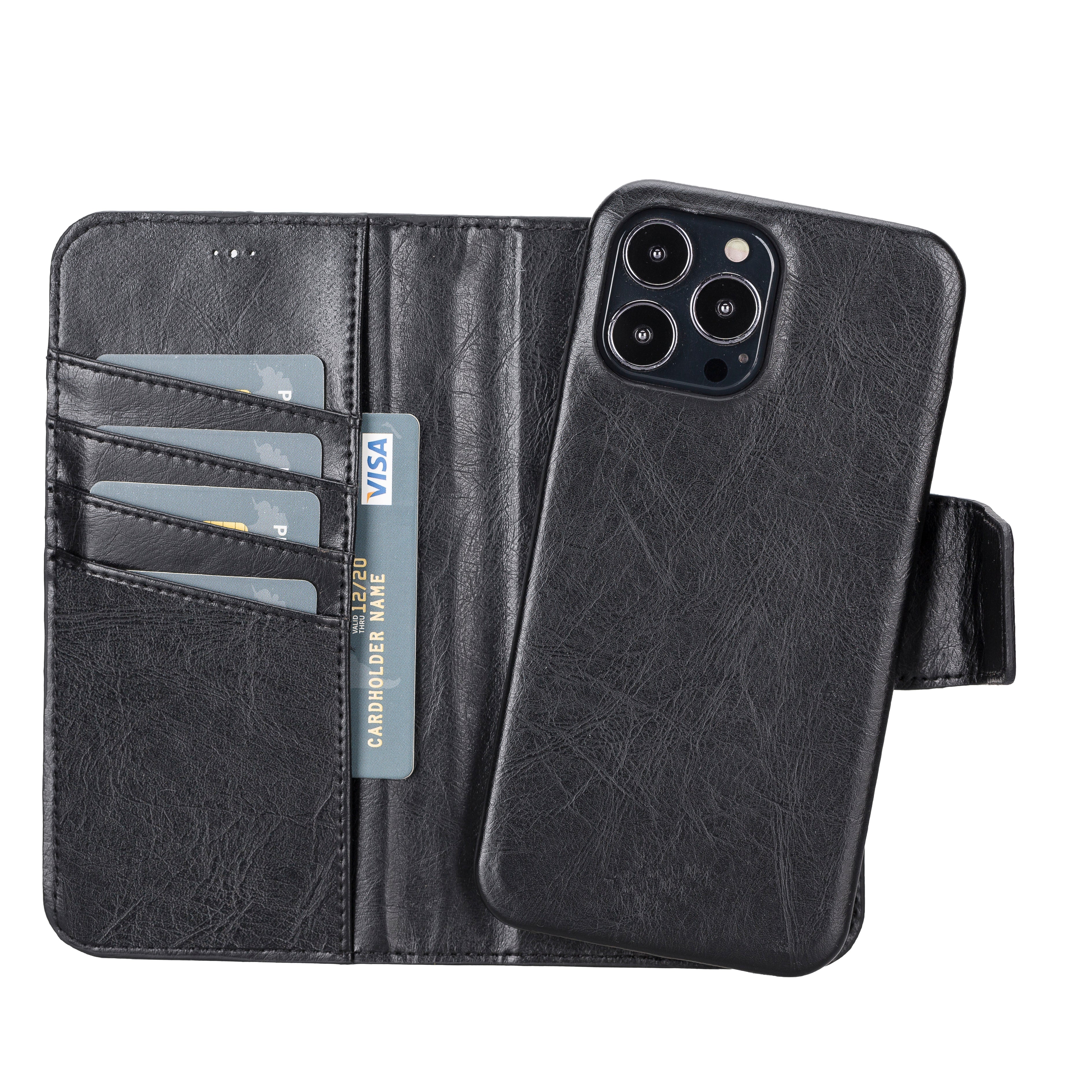 Black  Leather iPhone 15 Pro Max Prestige Wallet Case - O2 Leather