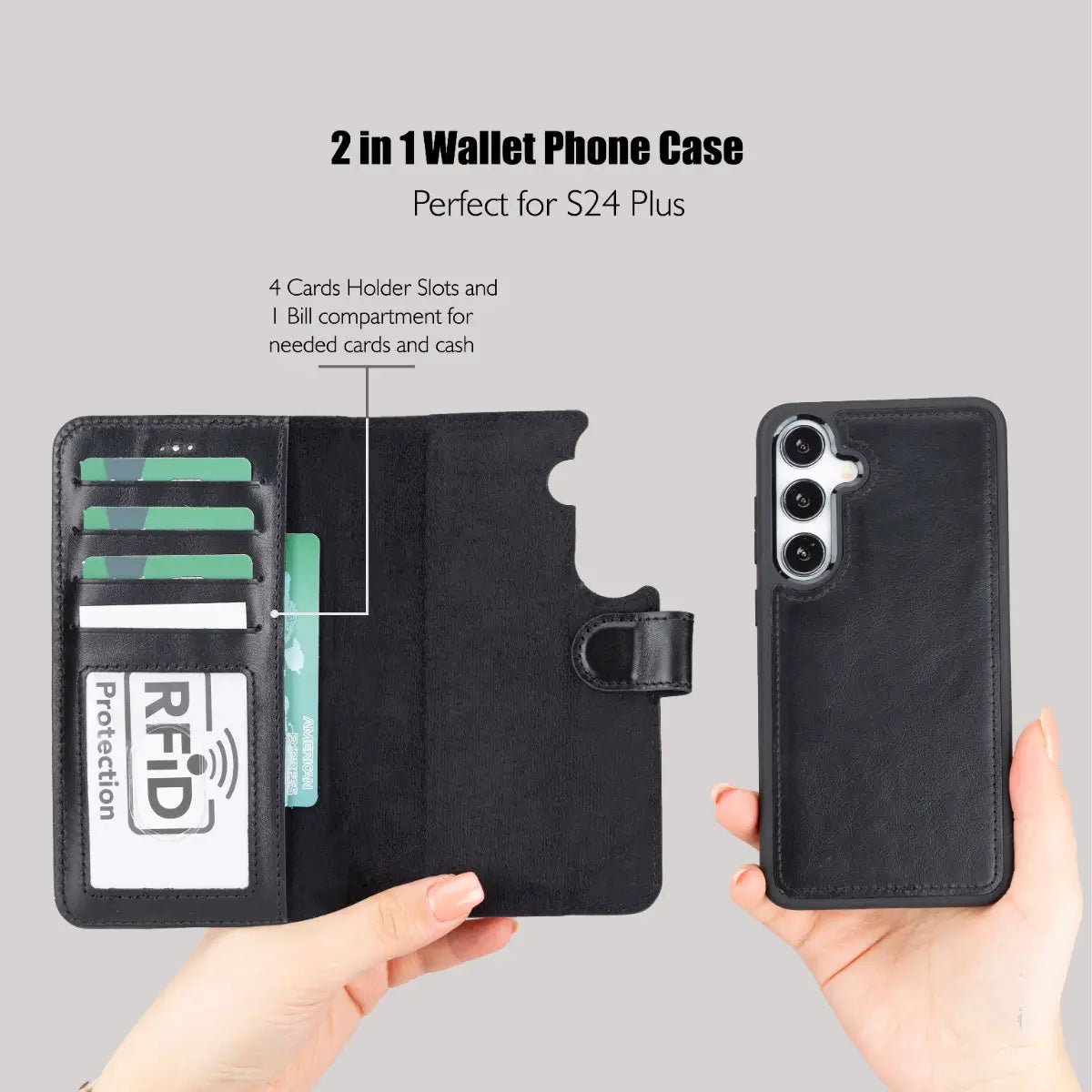 Black Magnetic Leather Wallet Case for Galaxy S25 Plus