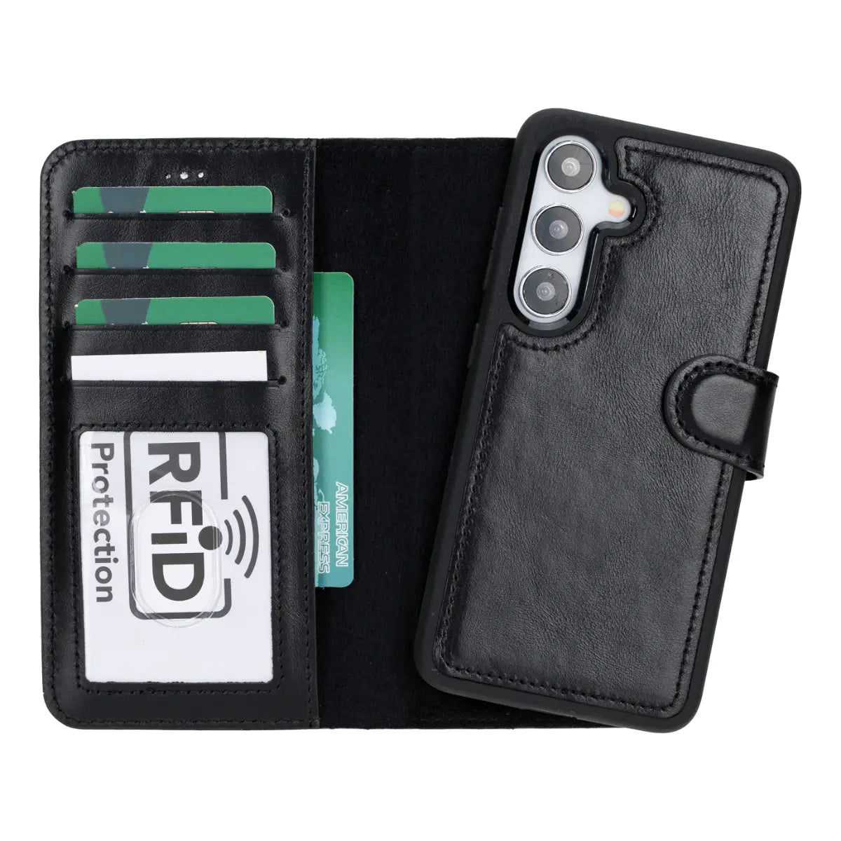 Black Magnetic Leather Wallet Case for Galaxy S25 Plus