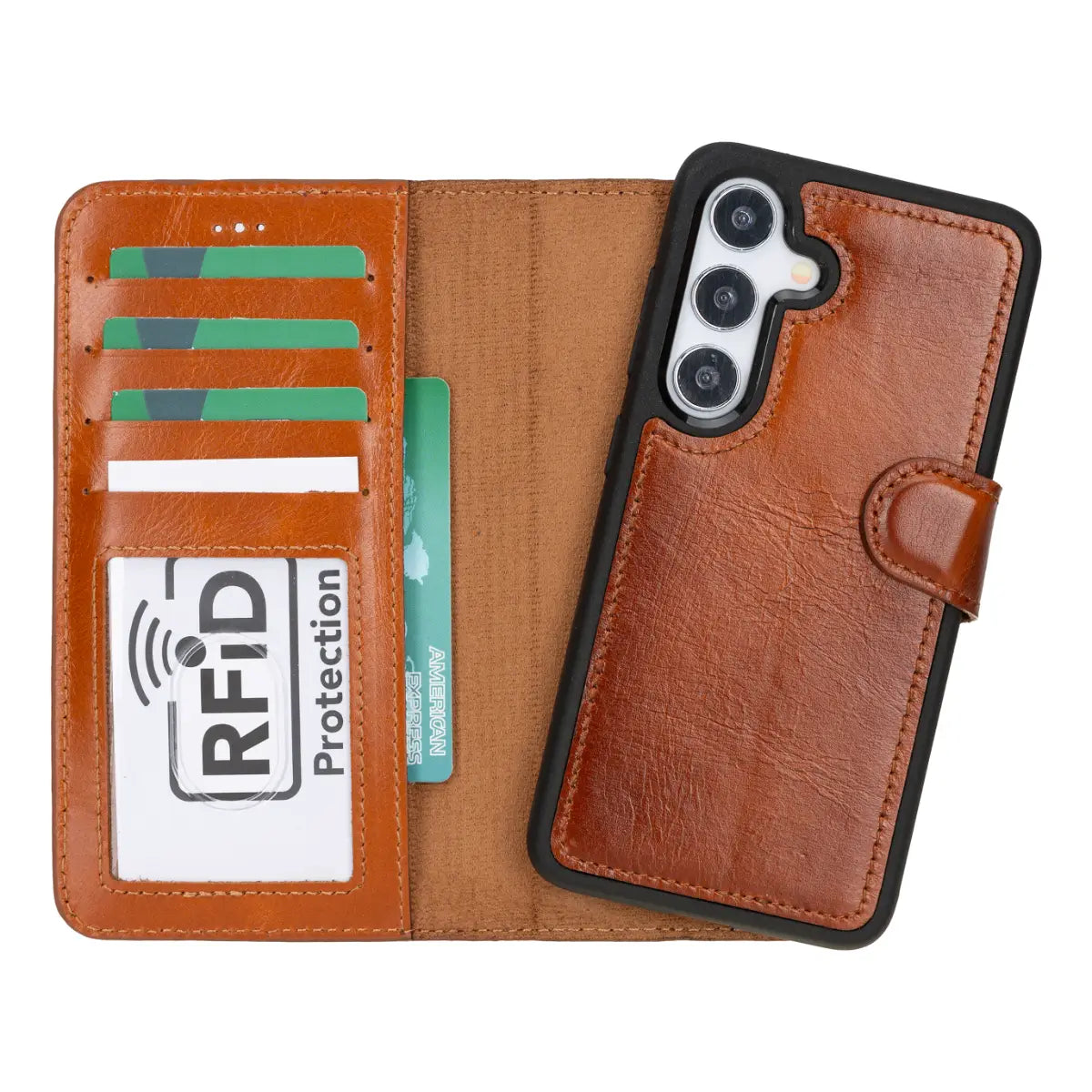 Burnished Tan Magnetic Leather Wallet Case for Galaxy S25