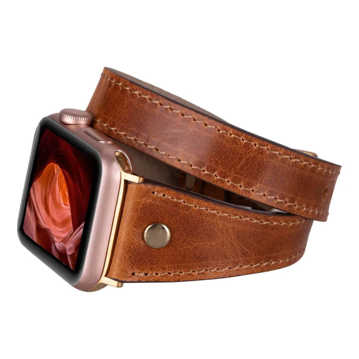 Camel Brown Leather Double Tour Slim Apple Watch Band Gold Rivet