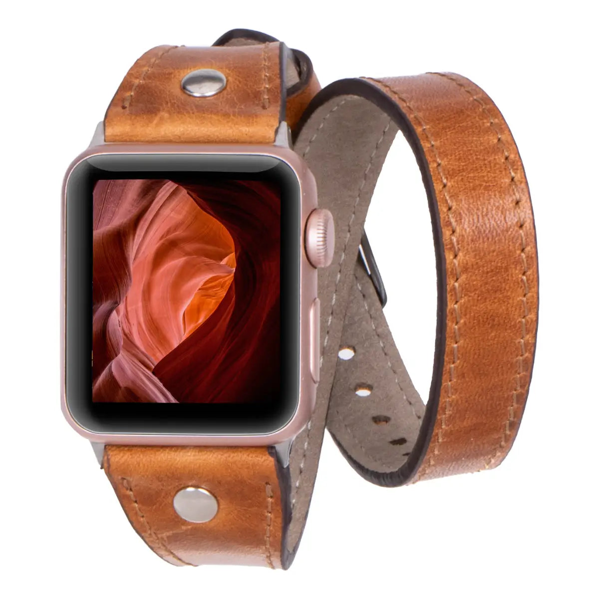 Camel Brown Leather Double Tour Slim Apple Watch Band Silver Rivet