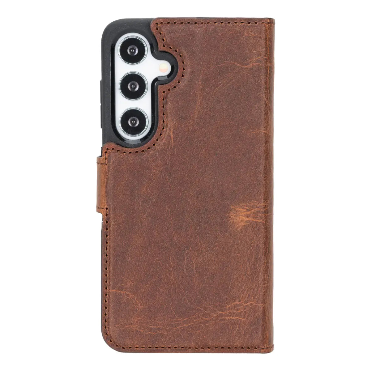 Distressed Brown Magnetic Leather Wallet Case for Galaxy S25