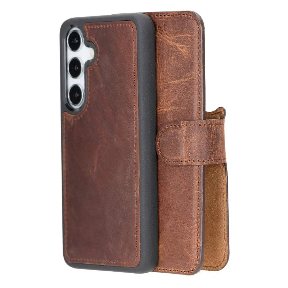 Distressed Brown Magnetic Leather Wallet Case for Galaxy S25