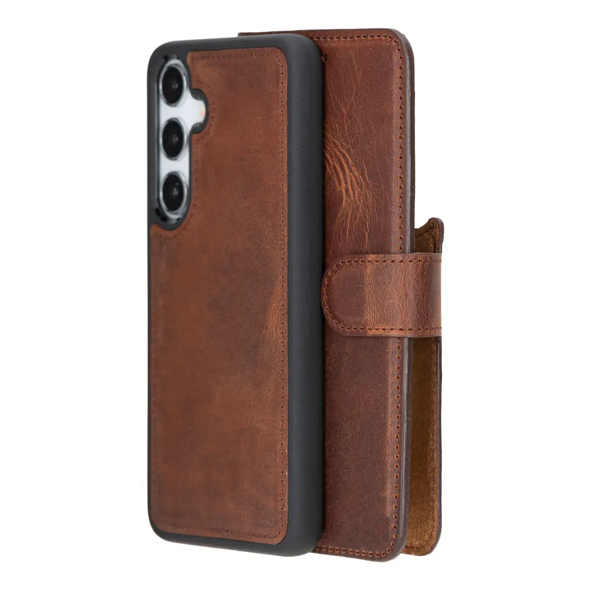 Distressed Brown Magnetic Leather Wallet Case for Galaxy S25 Plus