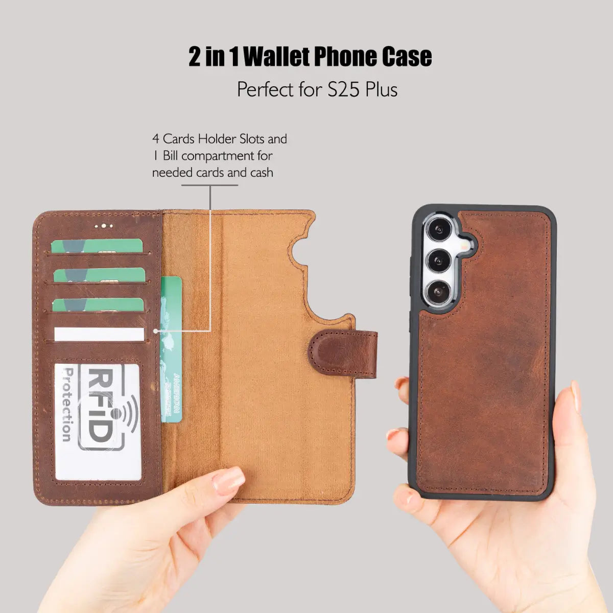 Distressed Brown Magnetic Leather Wallet Case for Galaxy S25 Plus