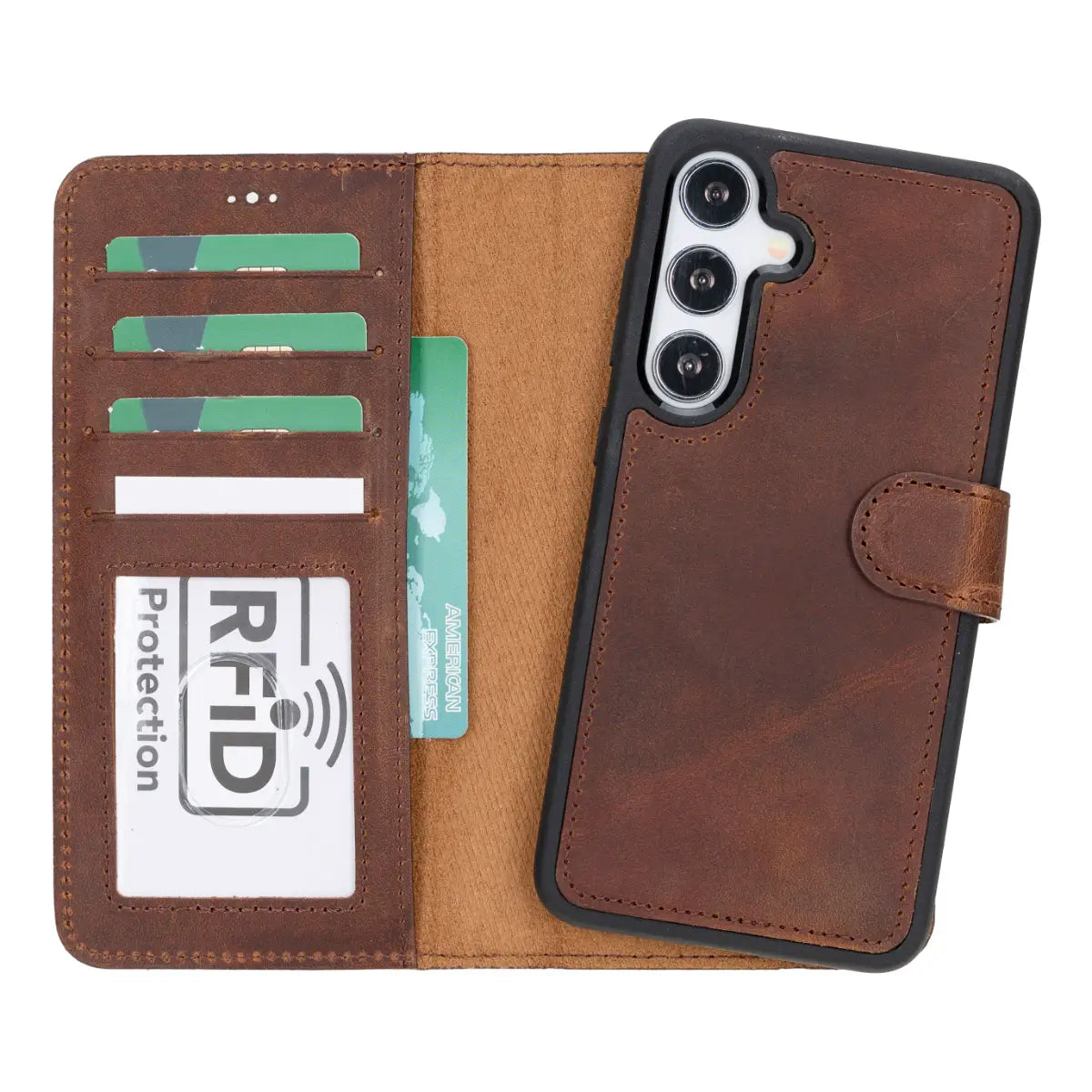 Distressed Brown Magnetic Leather Wallet Case for Galaxy S25 Plus