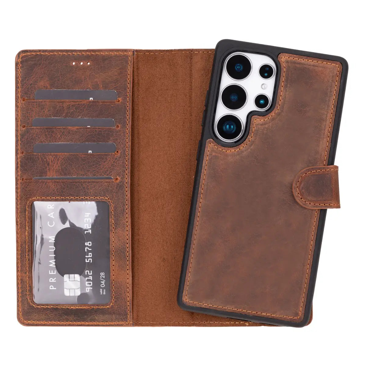 Distressed Brown Magnetic Leather Wallet Case for Galaxy S25 Ultra