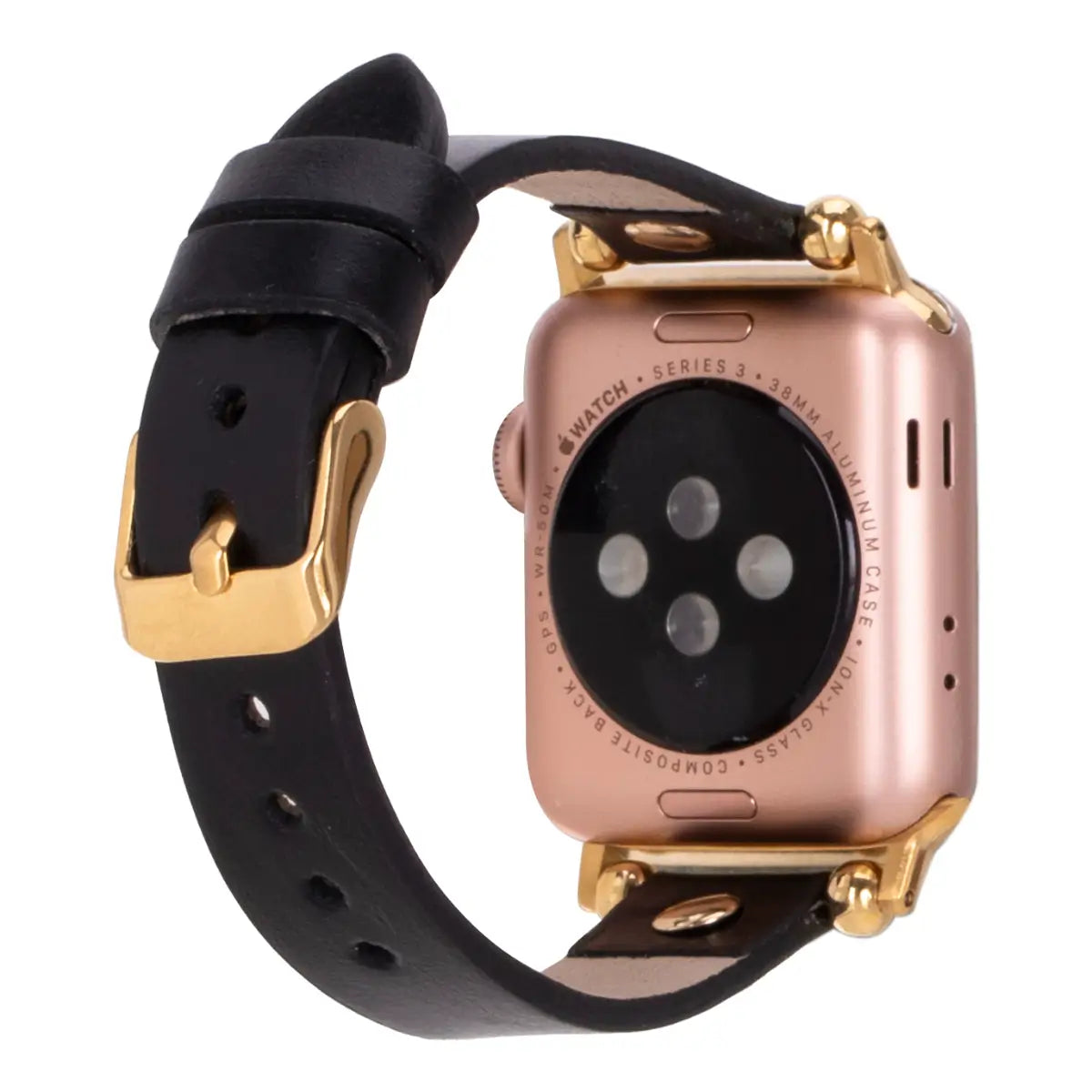 Black Leather Ultra Slim Apple Watch Band (Gold Rivet)