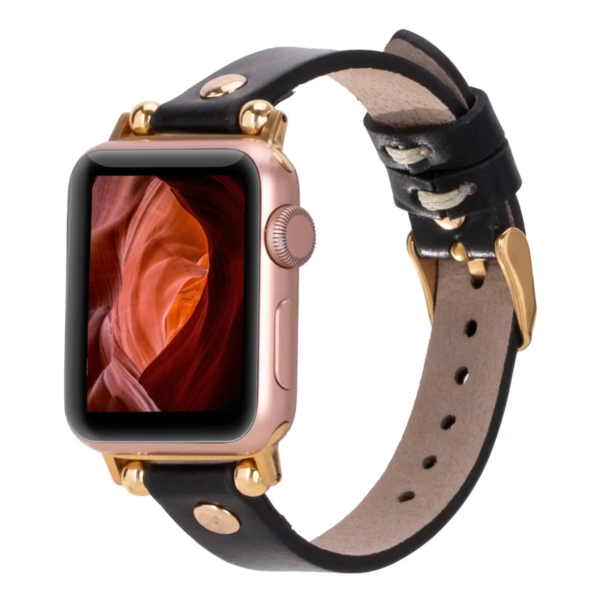 Black Leather Ultra Slim Apple Watch Band (Gold Rivet)