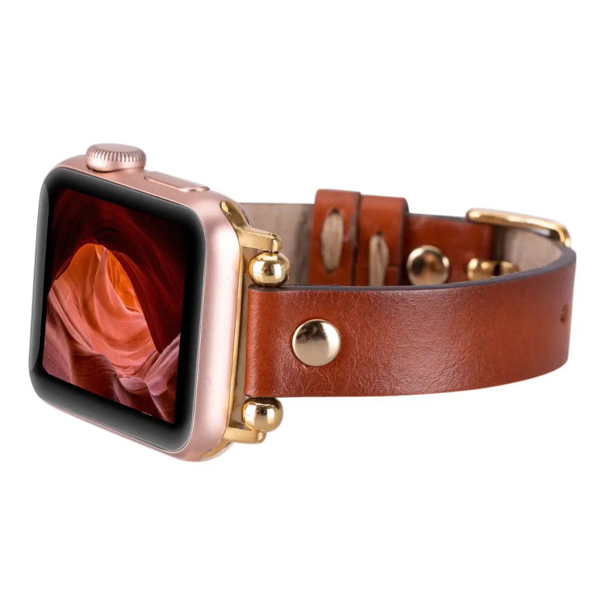 Burnished Brown Leather Ultra Slim Apple Watch Band (Gold Rivet)