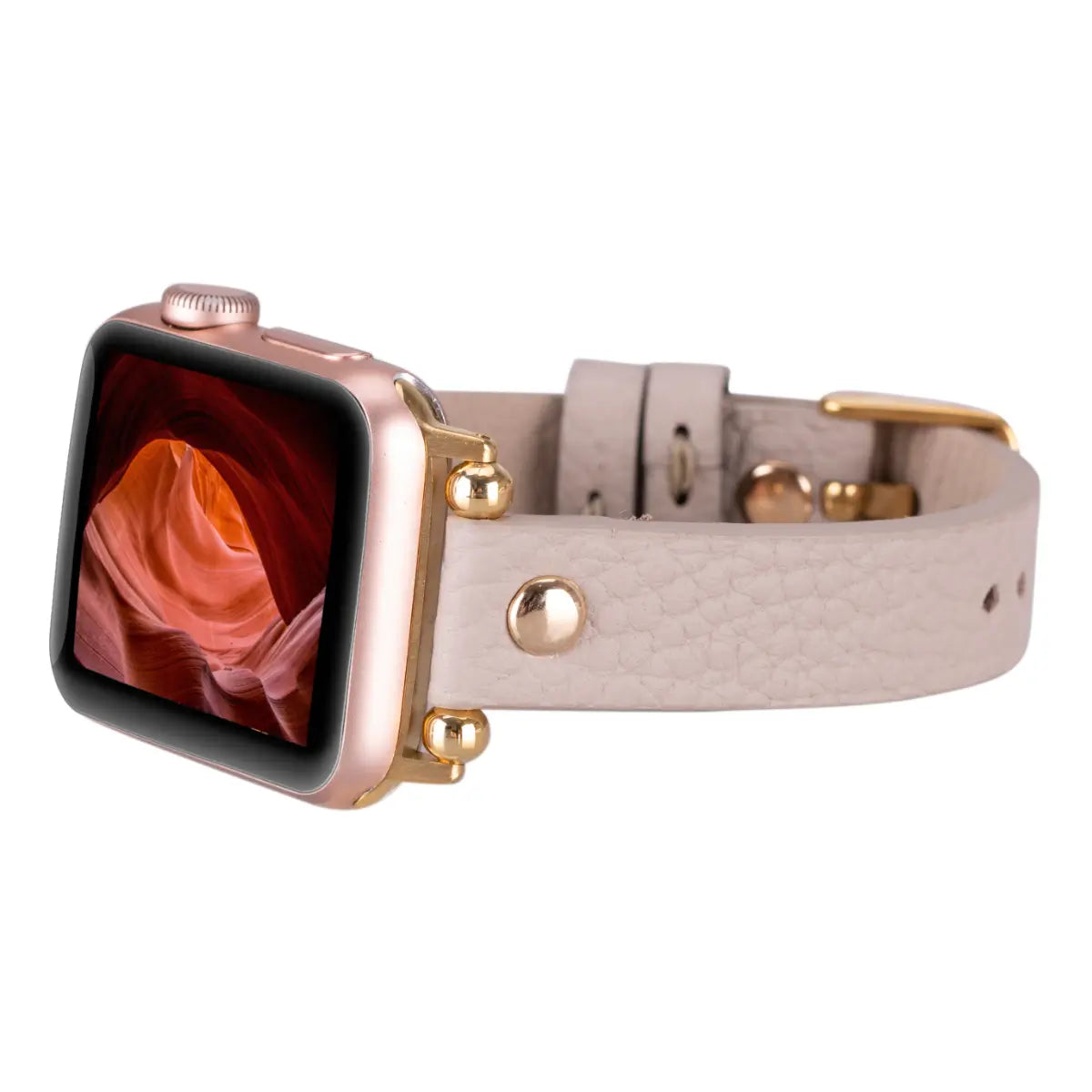 Beige Leather Ultra Slim Apple Watch Band (Gold Rivet)