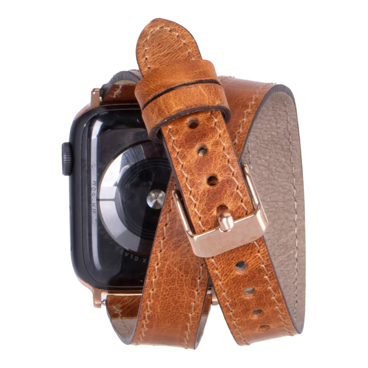 Camel Brown Leather Double Tour Slim Apple Watch Band (Gold Rivet)