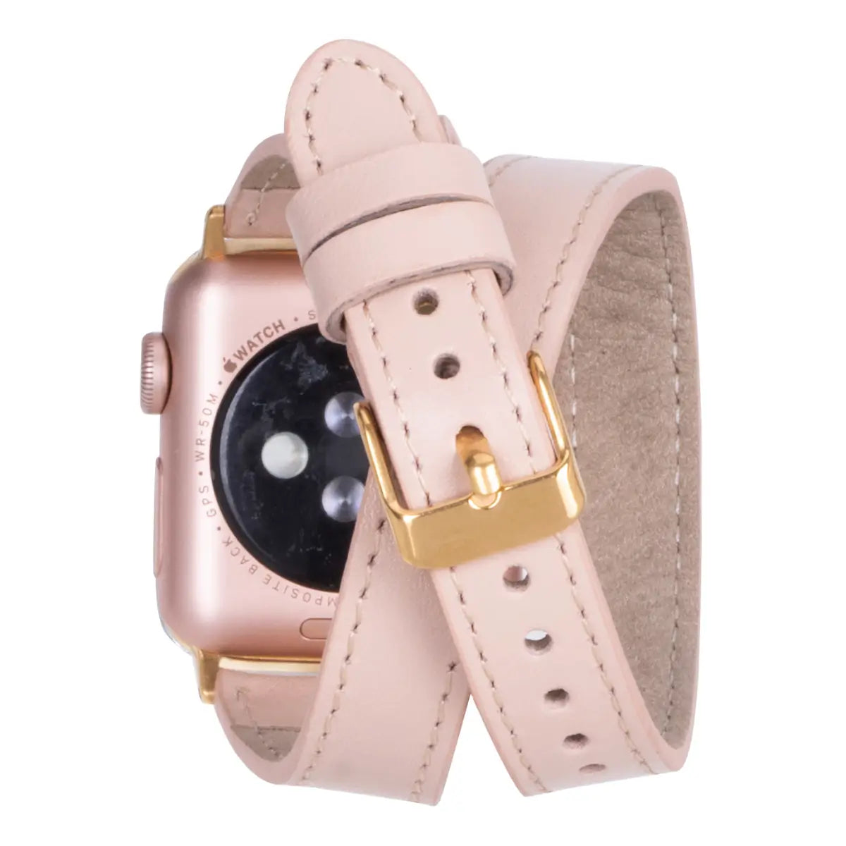 Nude Leather Double Tour Slim Apple Watch Band (Gold Rivet)