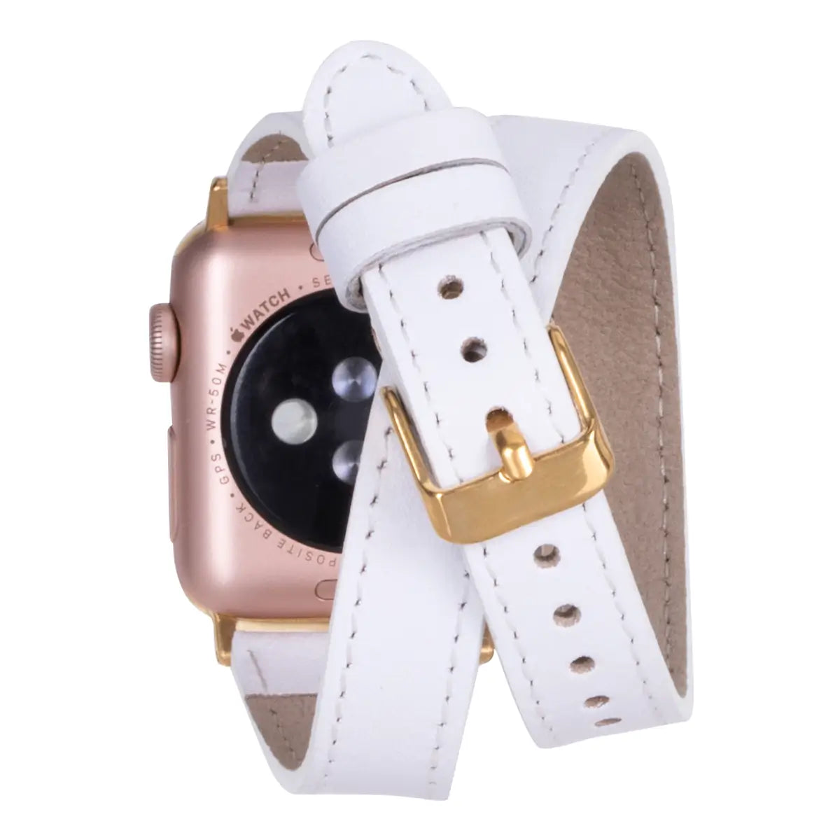 White Leather Double Tour Slim Apple Watch Band (Gold Rivet)