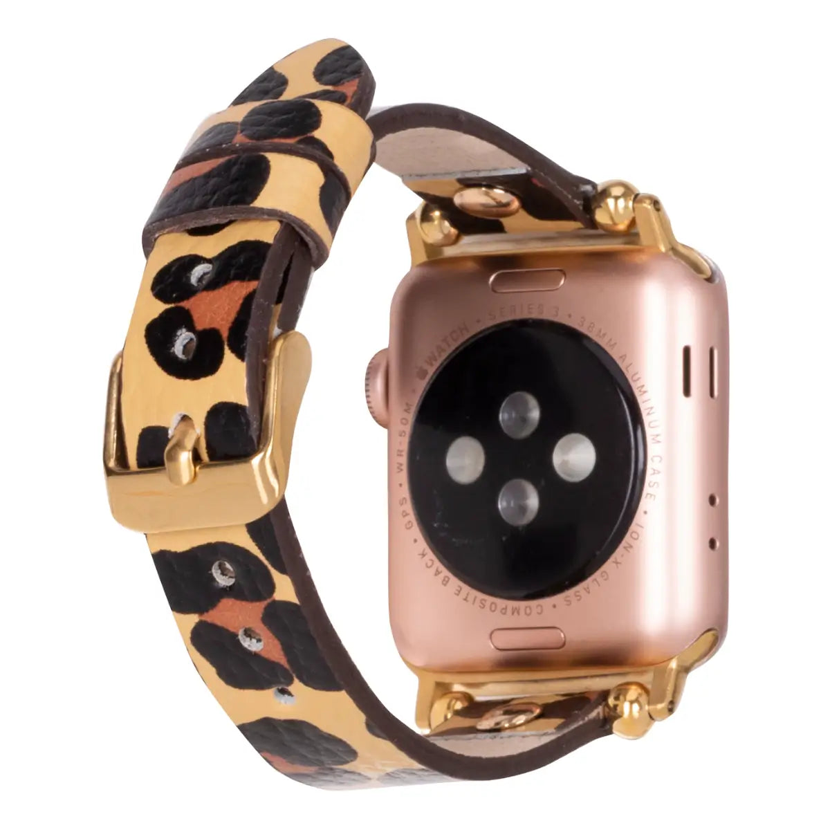 Leopard Pattern Leather Ultra Slim Apple Watch Band (Gold Rivet)