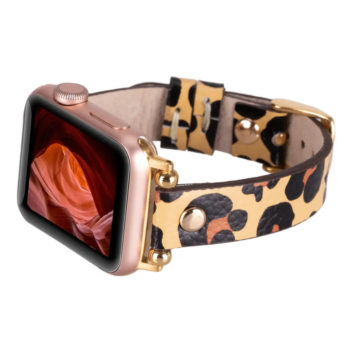 Leopard Pattern Leather Ultra Slim Apple Watch Band (Gold Rivet)