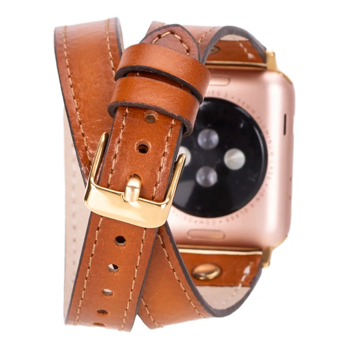 Burnished Tan Leather Double Tour Slim Apple Watch Band (Gold Rivet)