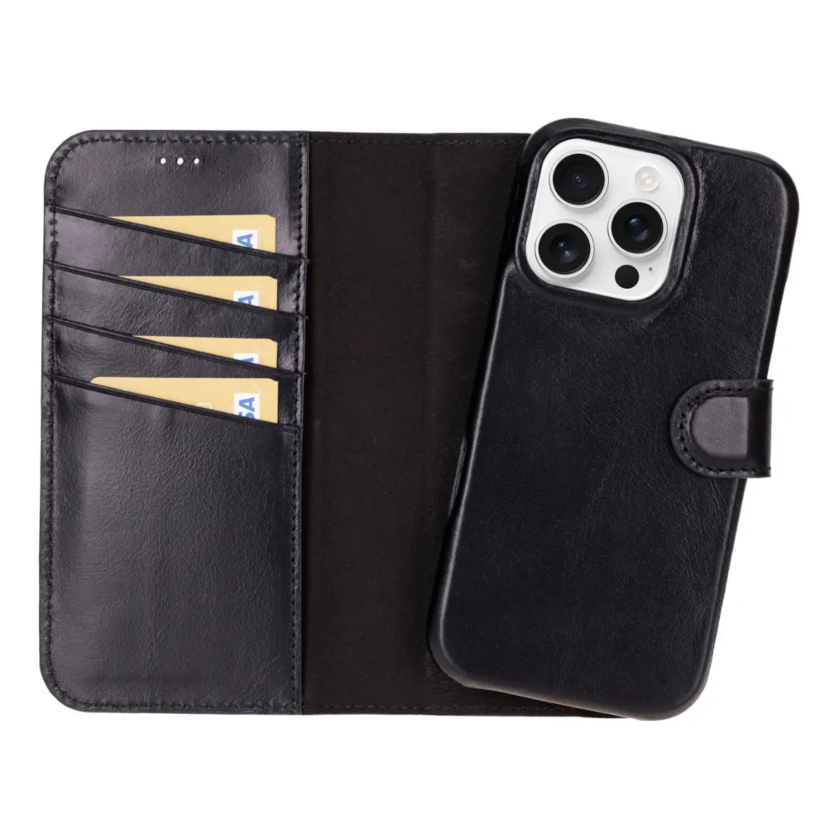 Black Leather iPhone 16 Pro Prestige Wallet Case