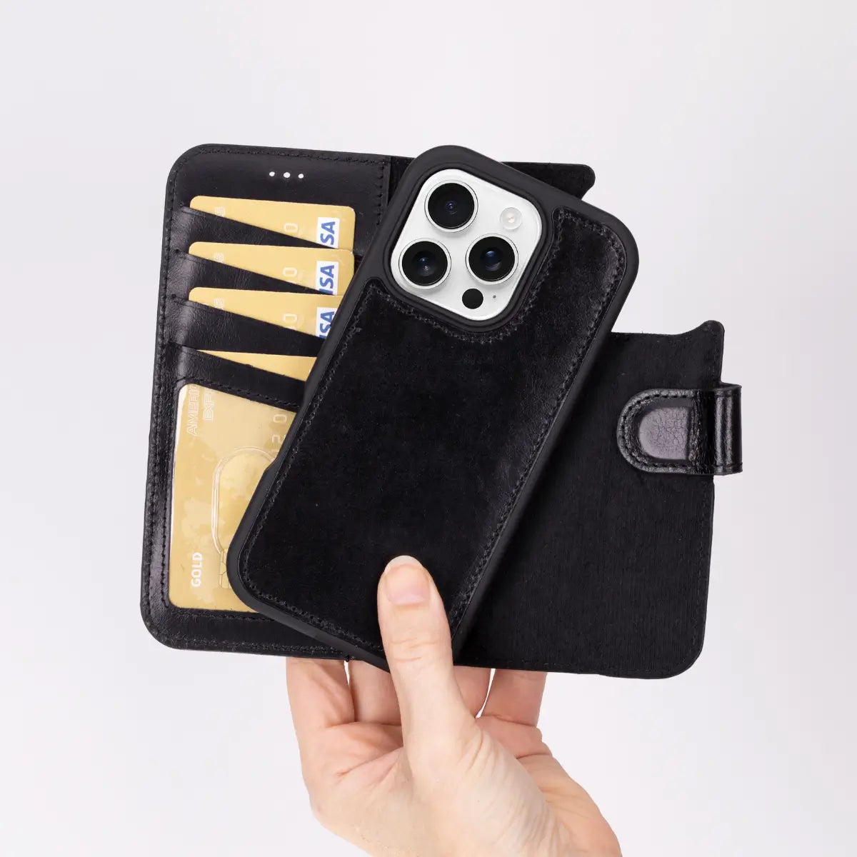 Black Leather iPhone 16 Pro Wallet Case