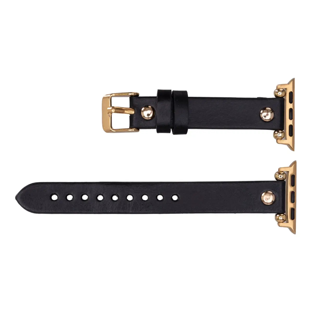 Black Leather Ultra Slim Apple Watch Band (Gold Rivet)