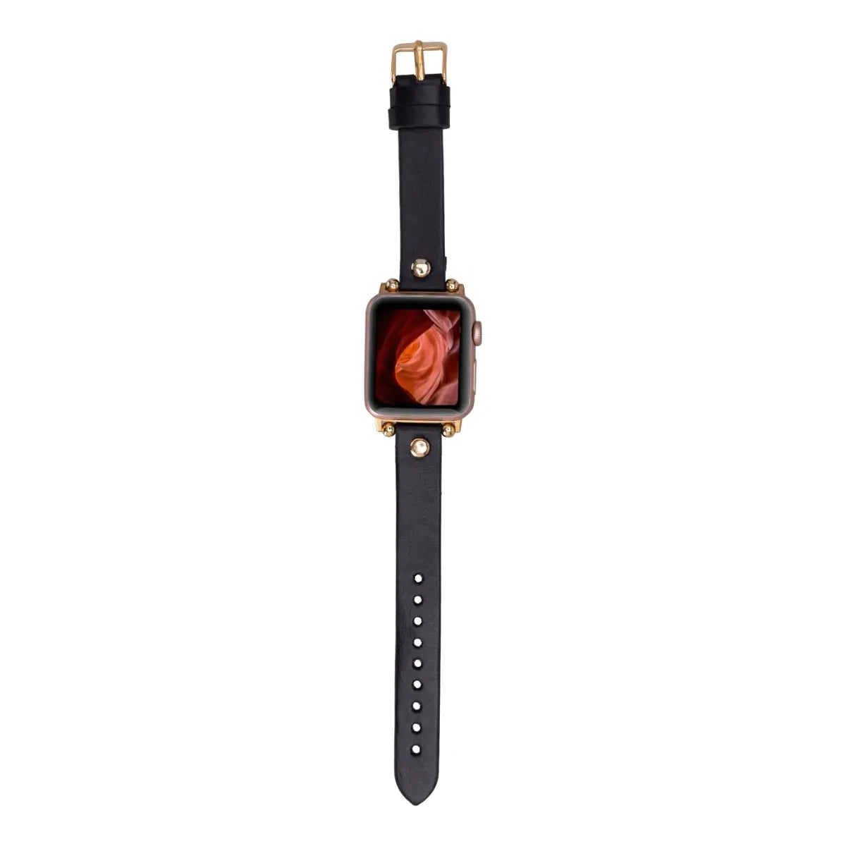 Black Leather Ultra Slim Apple Watch Band (Gold Rivet)