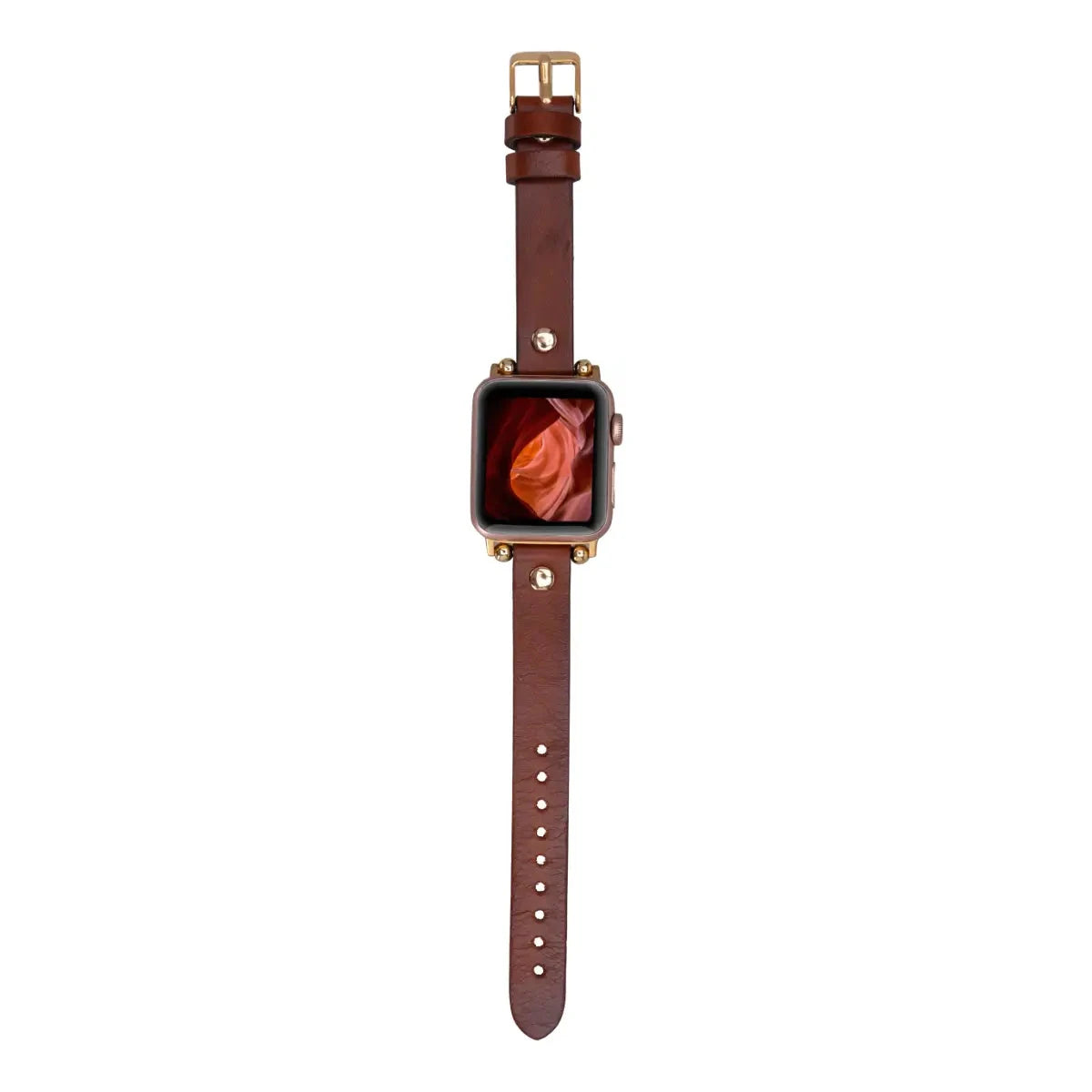 Burnished Brown Leather Ultra Slim Apple Watch Band (Gold Rivet)