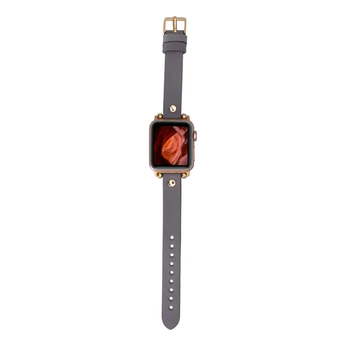 Gray Leather Ultra Slim Apple Watch Band (Gold Rivet)