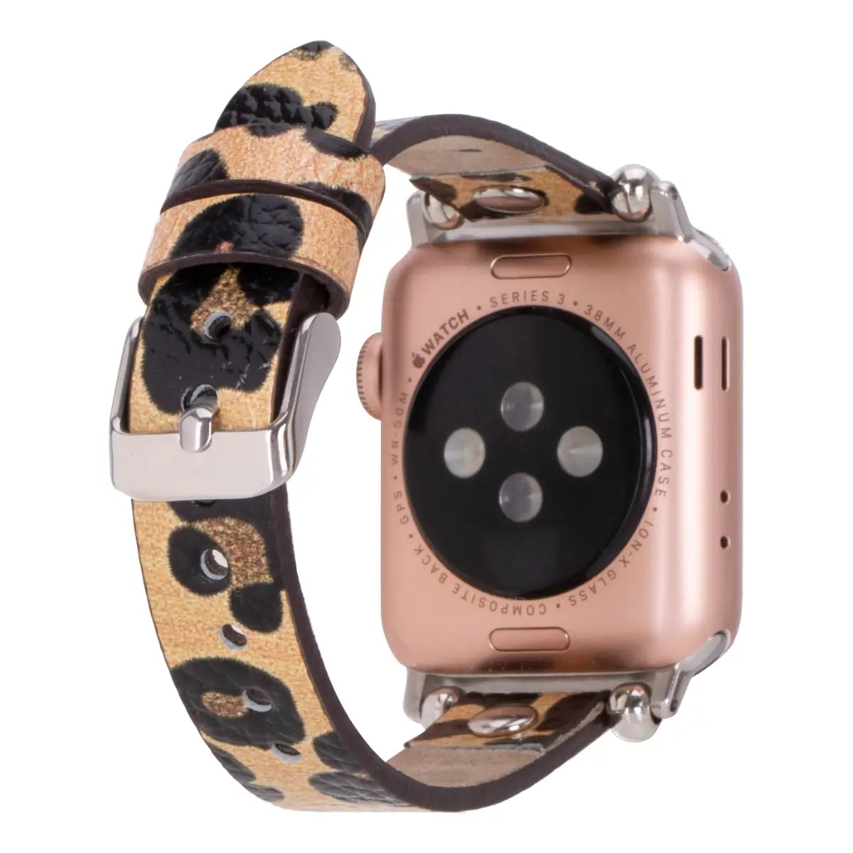 Leopard Pattern Leather Ultra Slim Apple Watch Band (Silver Rivet)