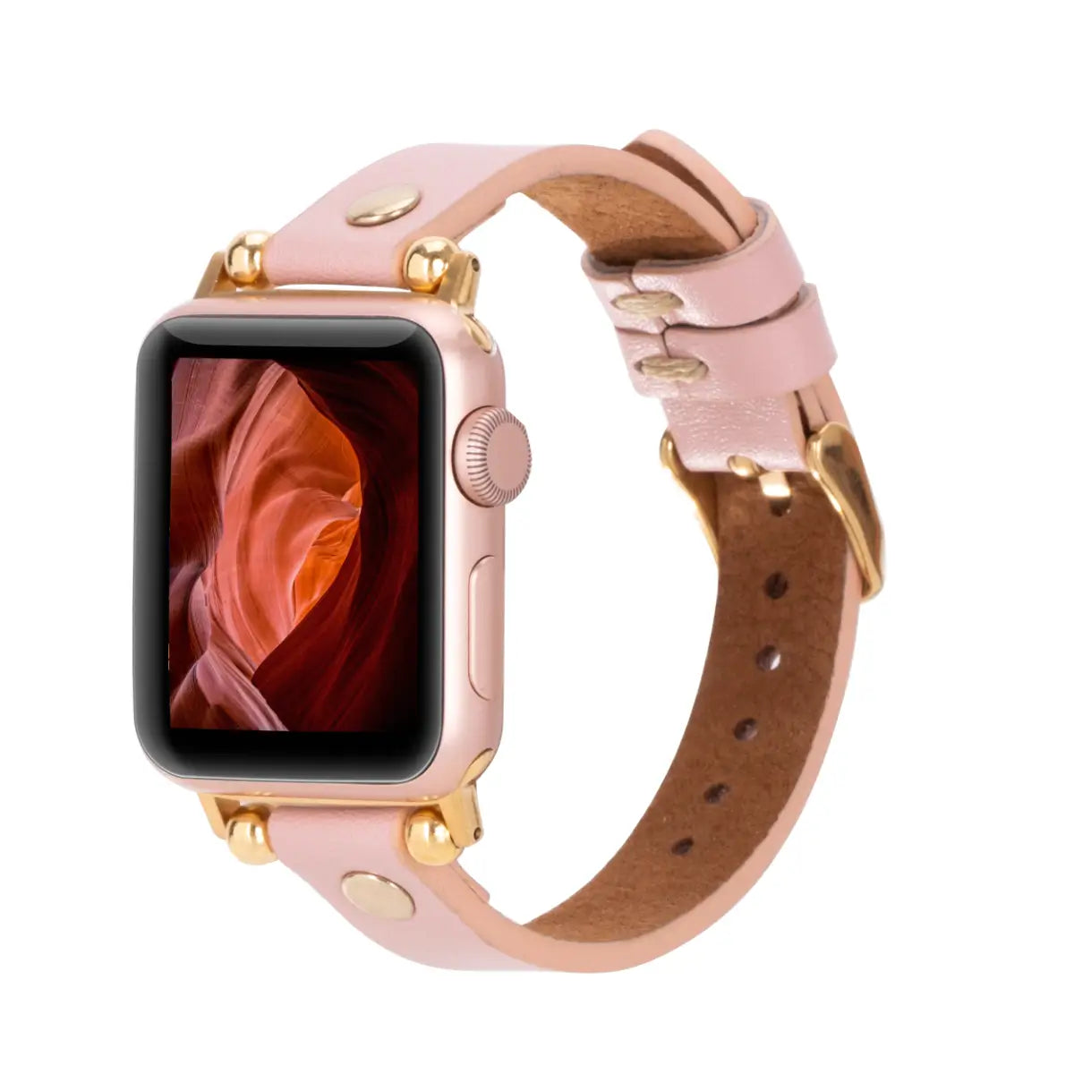 Pink Leather Ultra Slim Apple Watch Band (Gold Rivet)