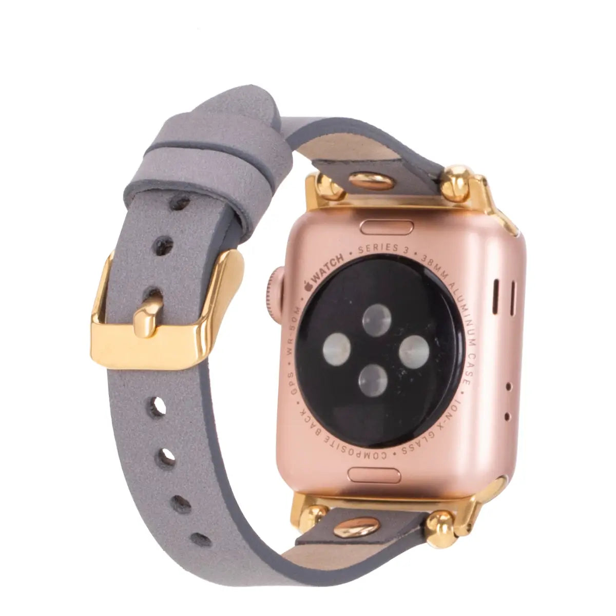 Gray Leather Ultra Slim Apple Watch Band (Gold Rivet)