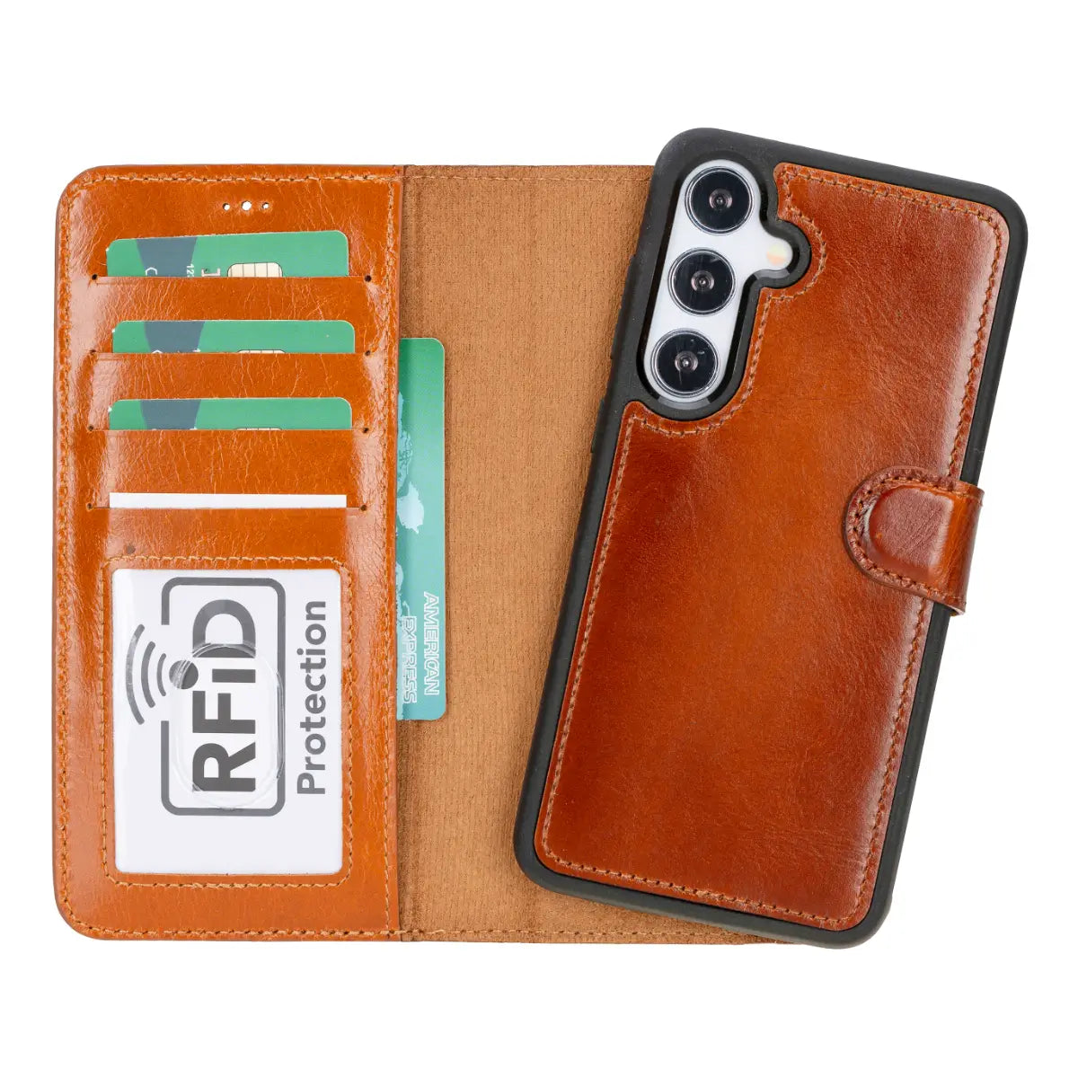 Tan Magnetic Leather Wallet Case for Galaxy S25 Plus