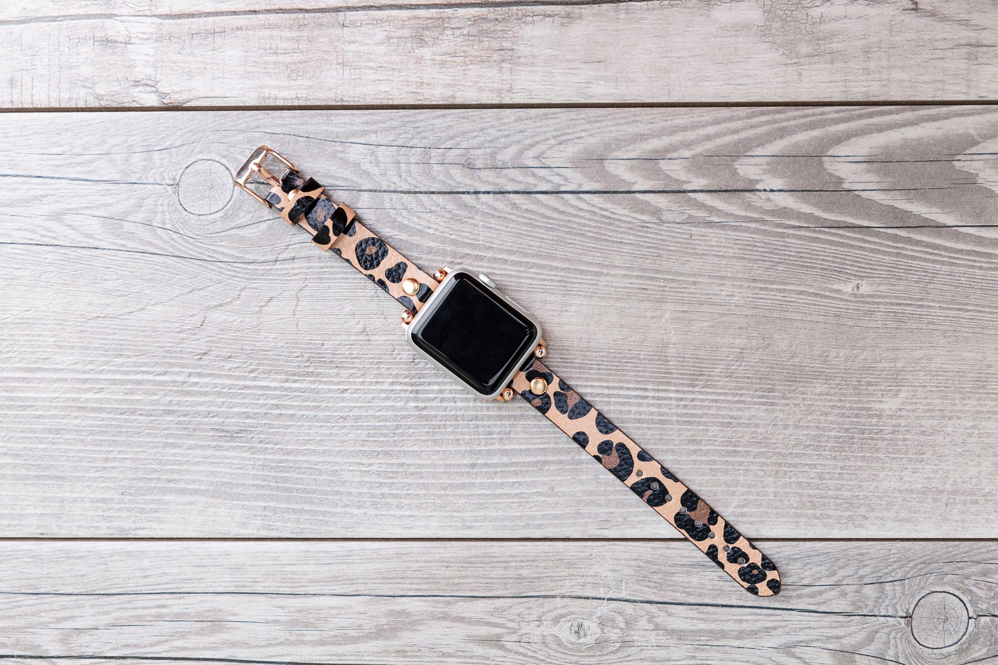 Leopard Pattern Leather Ultra Slim Apple Watch Band (Gold Rivet)