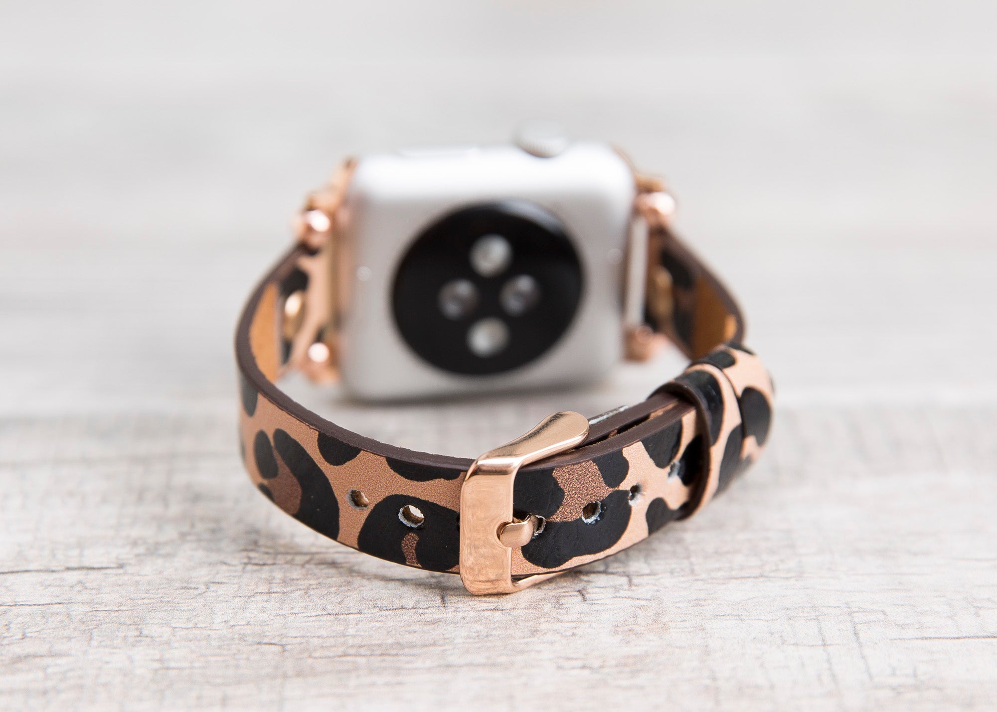 Leopard Pattern Leather Ultra Slim Apple Watch Band (Gold Rivet)