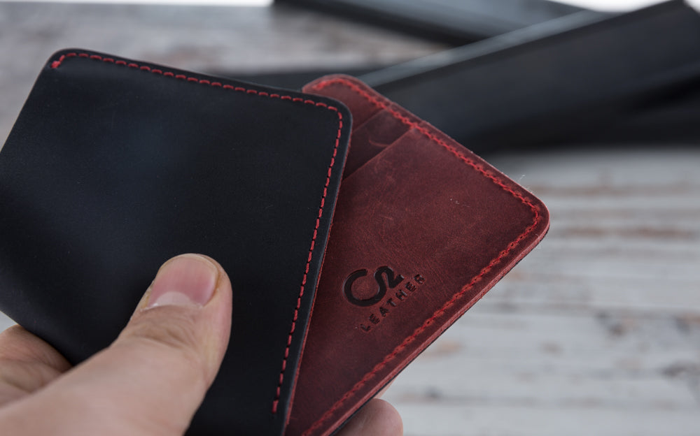 Red-Black Color Leather Slim Wallet