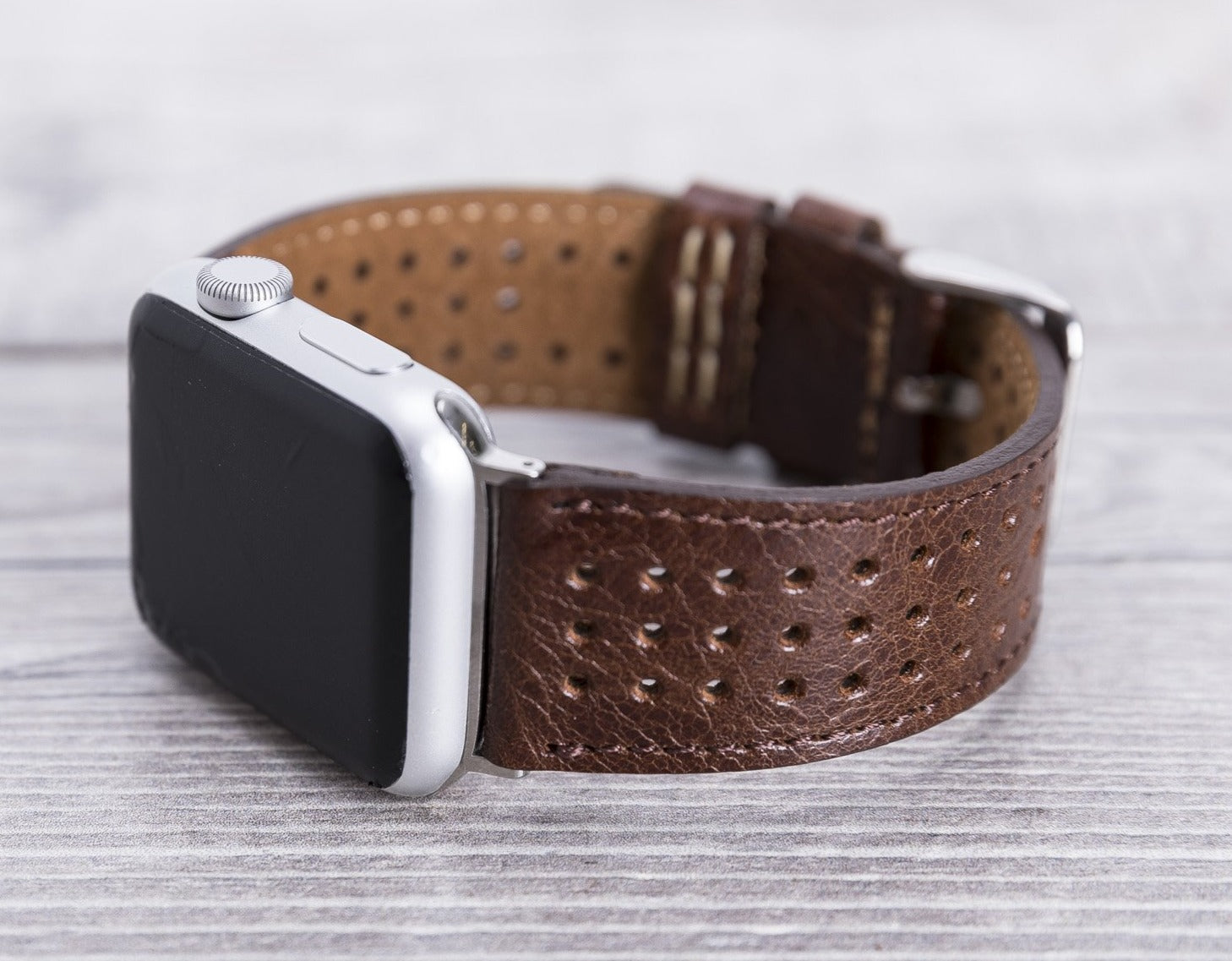 Apple Watch Brown Leather Band, Modern + Black Hardware