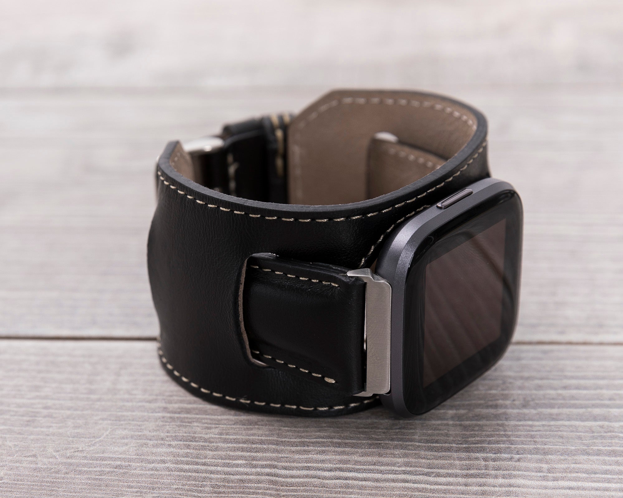 Black Leather Cuff Fitbit Watch Band