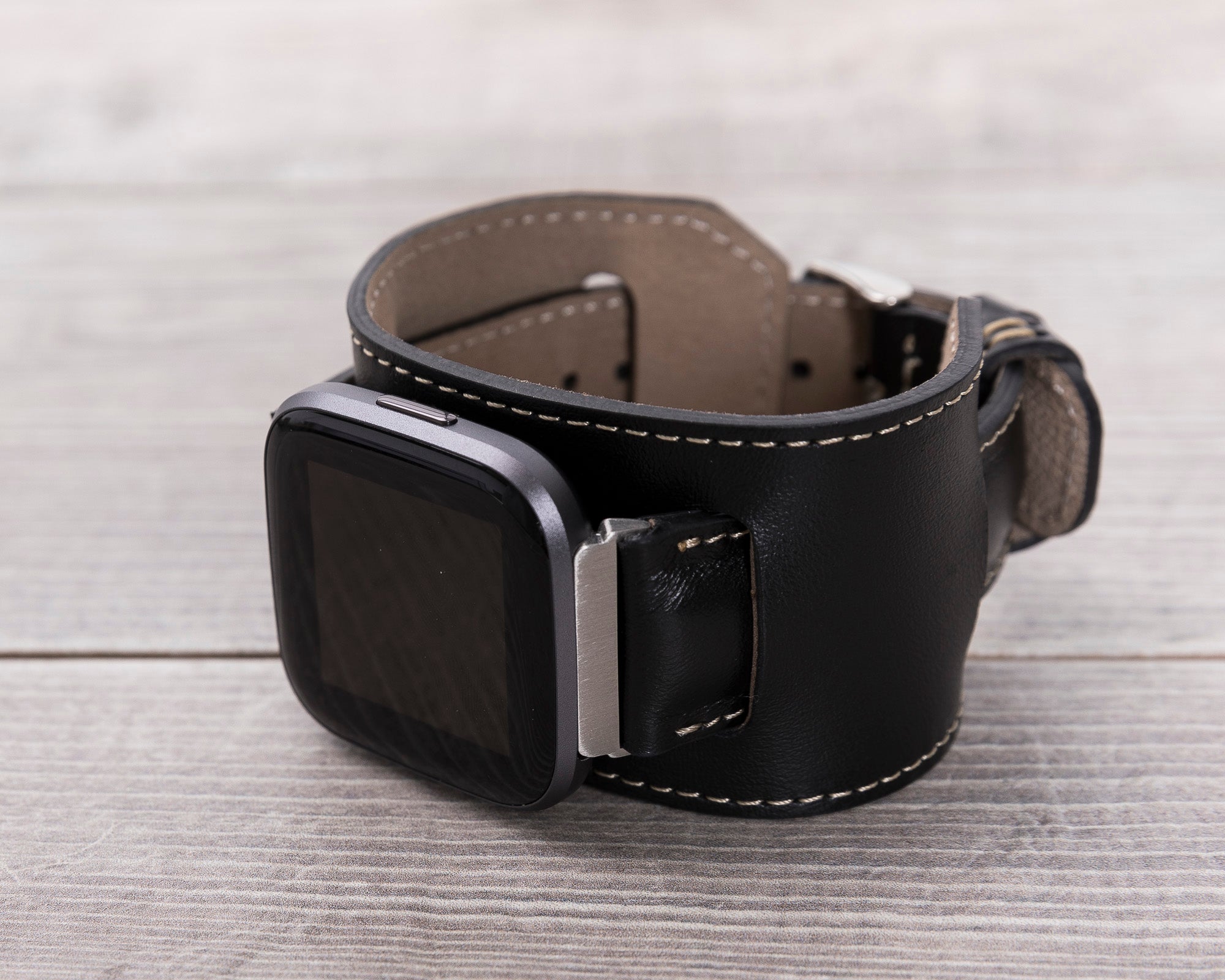 Black Leather Cuff Fitbit Watch Band