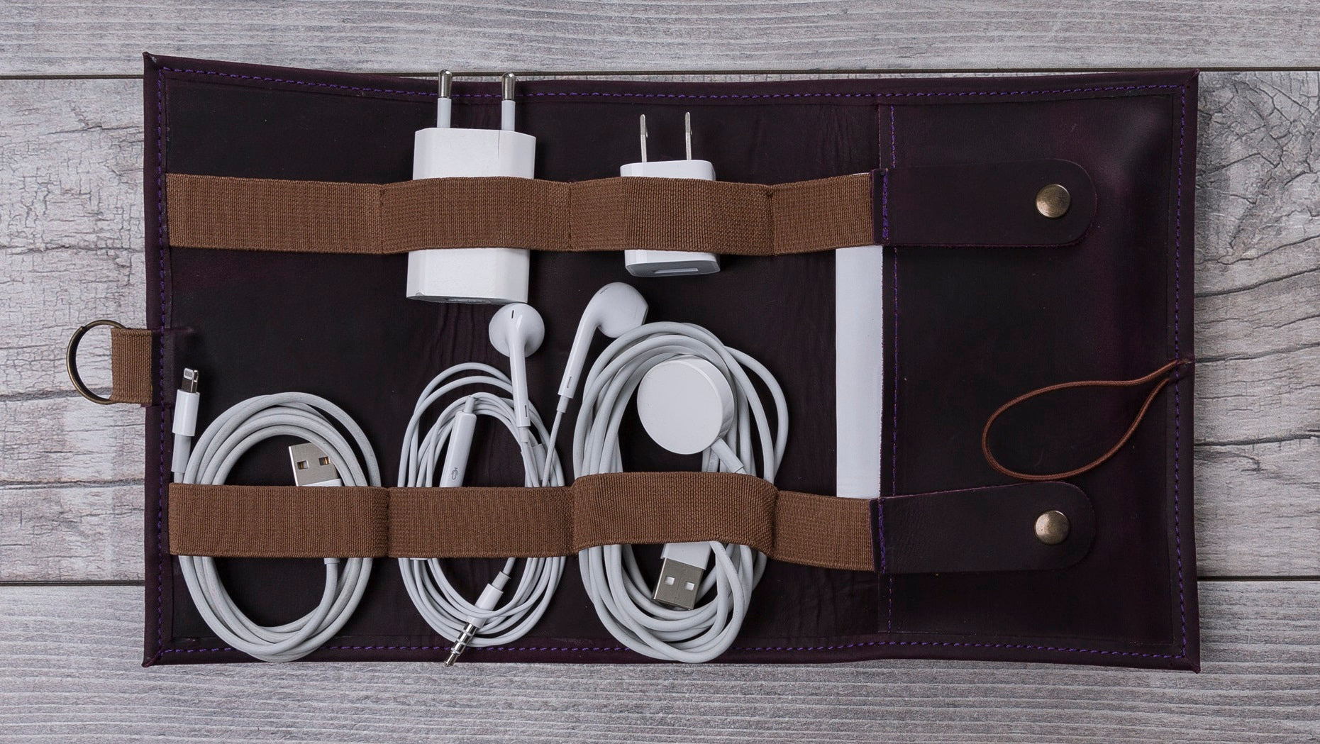 Purple Leather Travel Cable Organizer