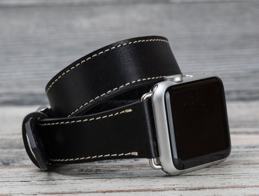 Black Leather Double Tour Apple Watch Band