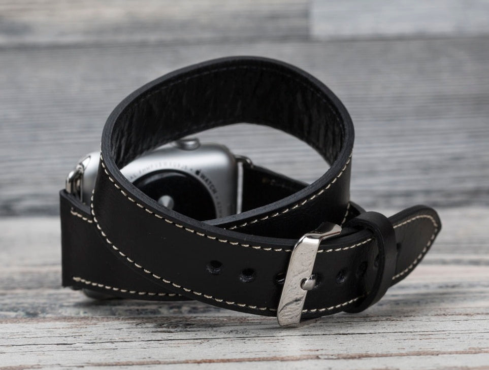 Black Leather Double Tour Apple Watch Band