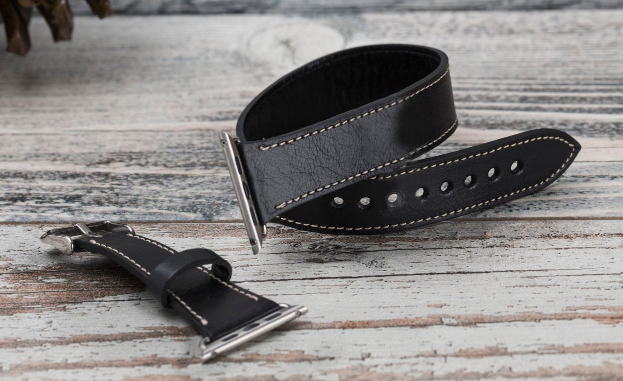 Black Leather Double Tour Apple Watch Band