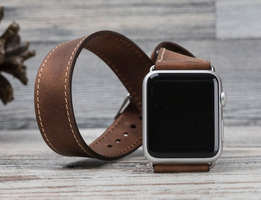 Antic Brown Leather Double Tour Apple Watch Band