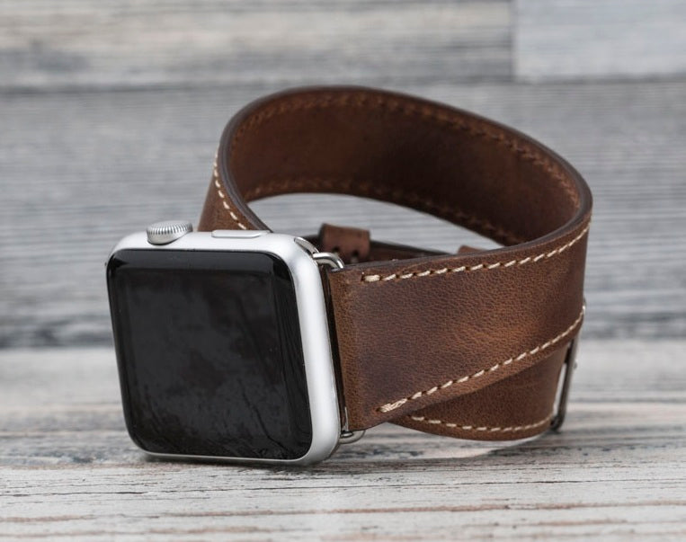 Antic Brown Leather Double Tour Apple Watch Band