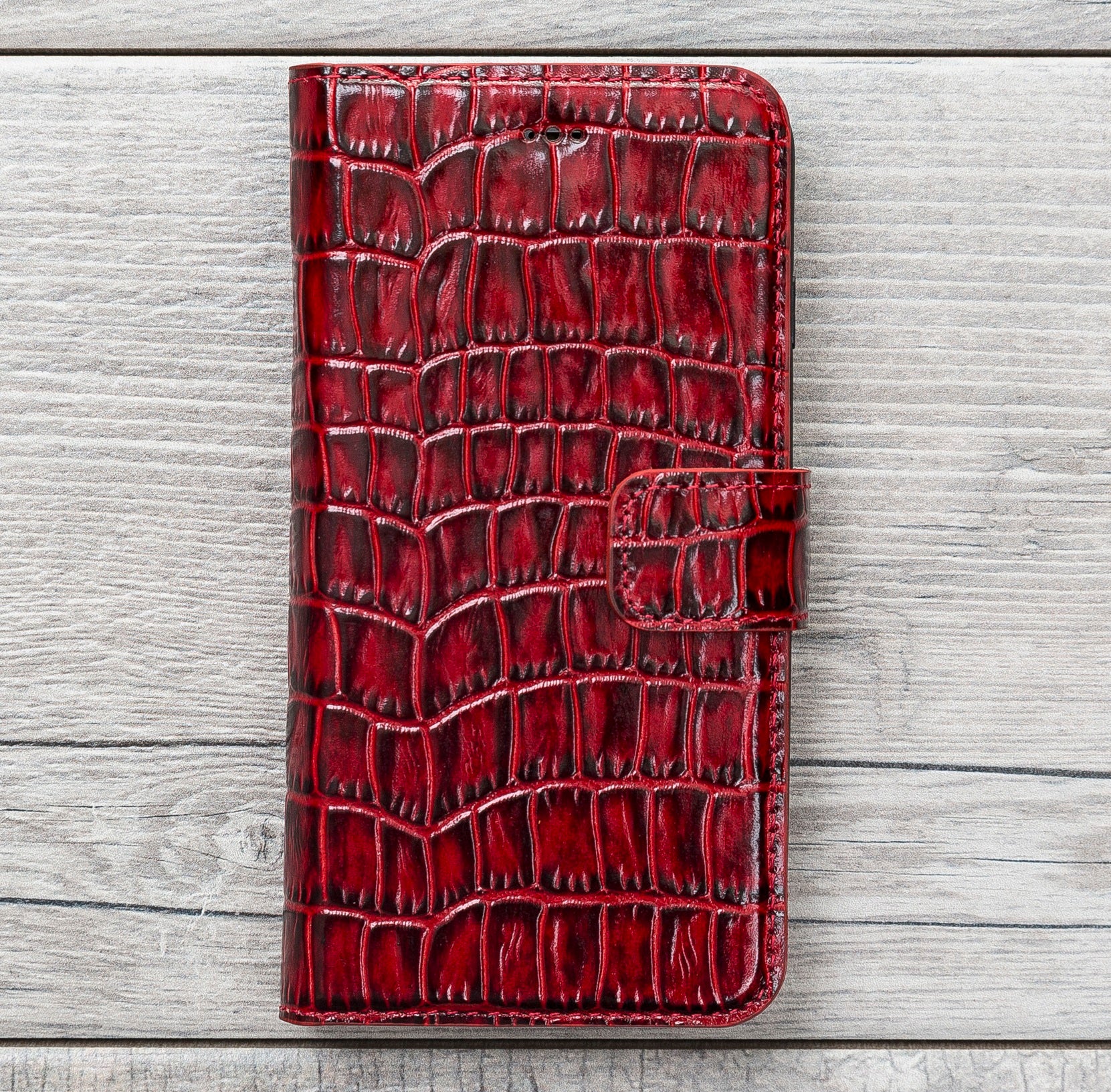 Red Croco Pattern Magnetic Genuine Leather Wallet Case for iPhone SE-2/7/8